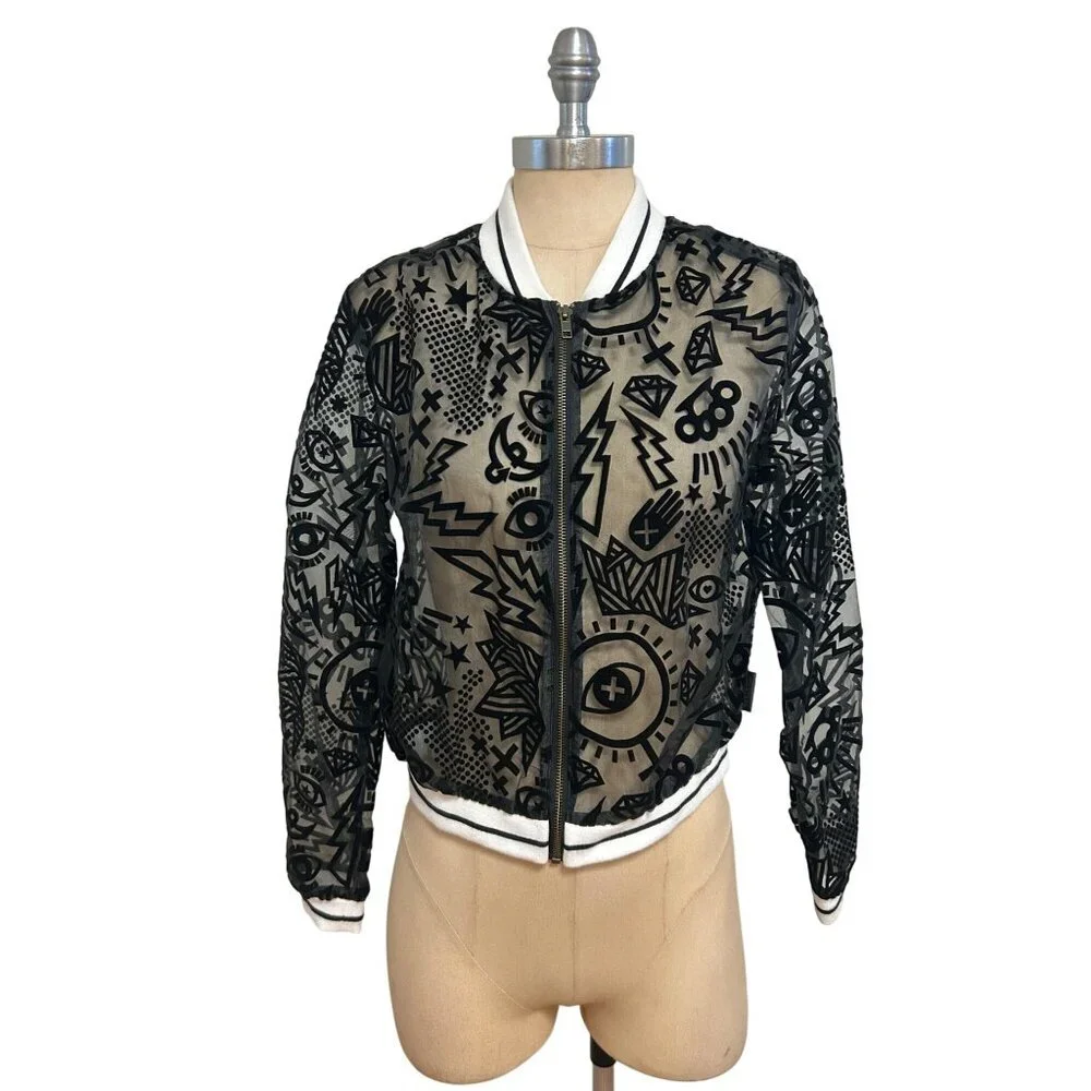 Reebok Studio Womens D Jacket NWT Sheer Black & Coal Graphic Print Bomber Small - Picture 1 of 5
